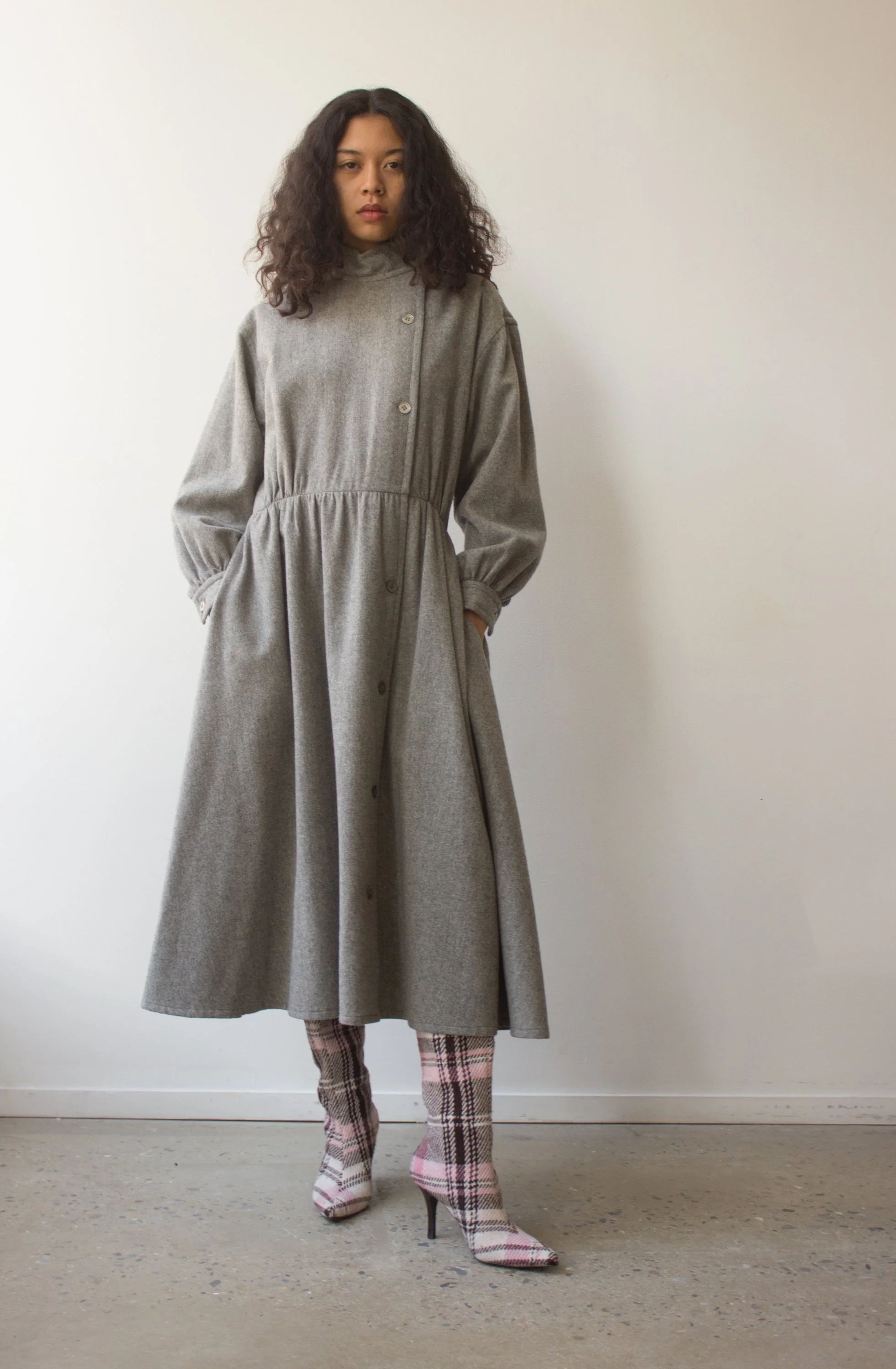 1978 Bill Blass Gray Flannel Wool Coat Dress Wayward Collection